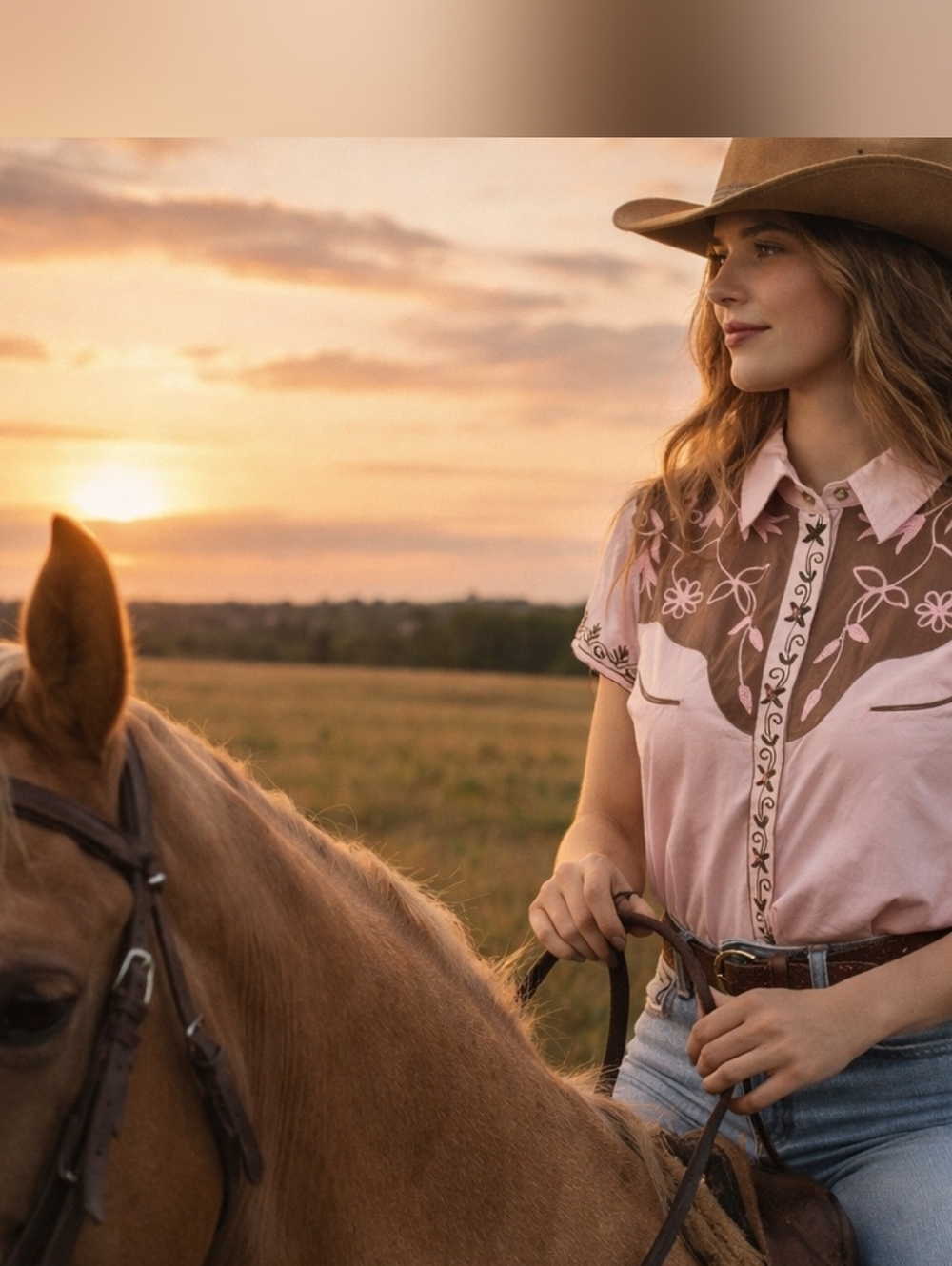 Y2K Western Cowgirl Embroidered Pearl Snap Shirt Pink Brown Medium Rodeo